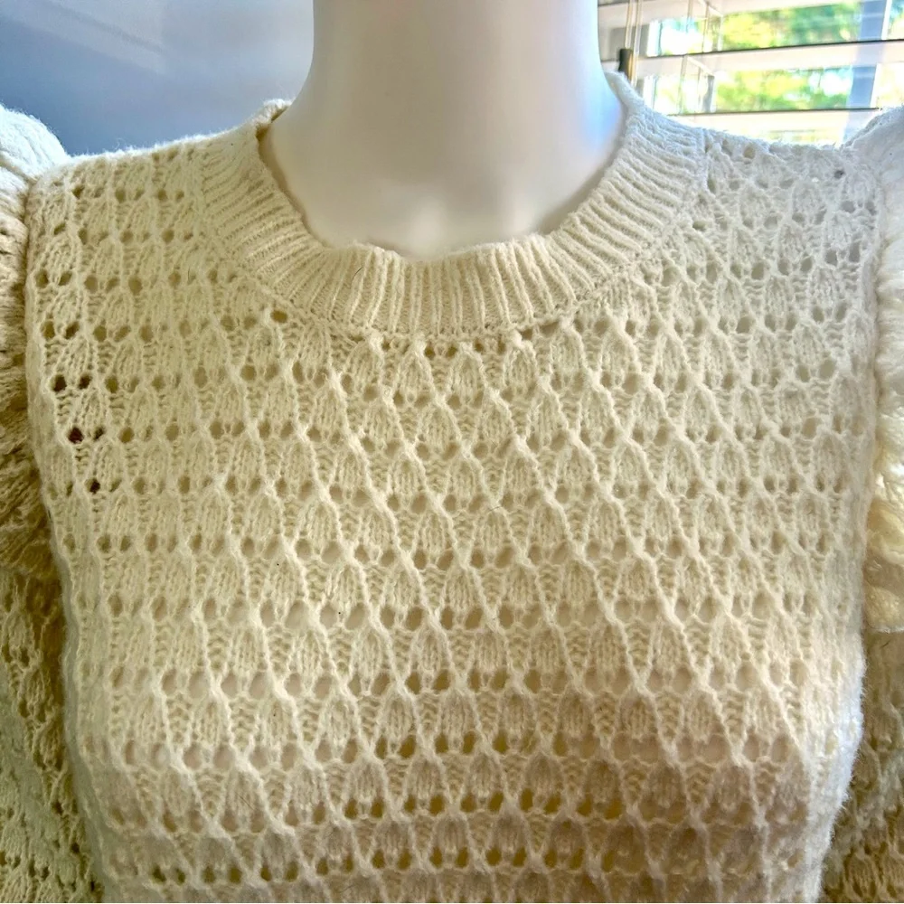 LOFT Cream Ruffle Shoulder Crewneck Knit Pull Over Sweater - Picture 4 of 12